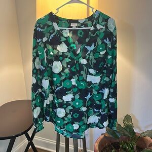 Merona Green Buttoned Blouse with Botanical Print